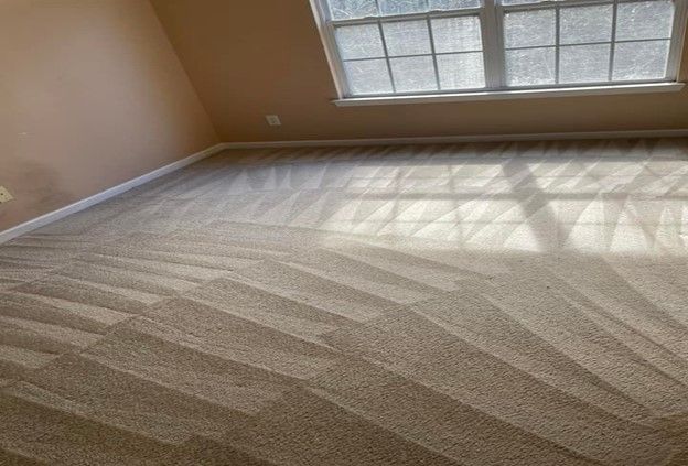 A living room with a carpeted floor and a window.