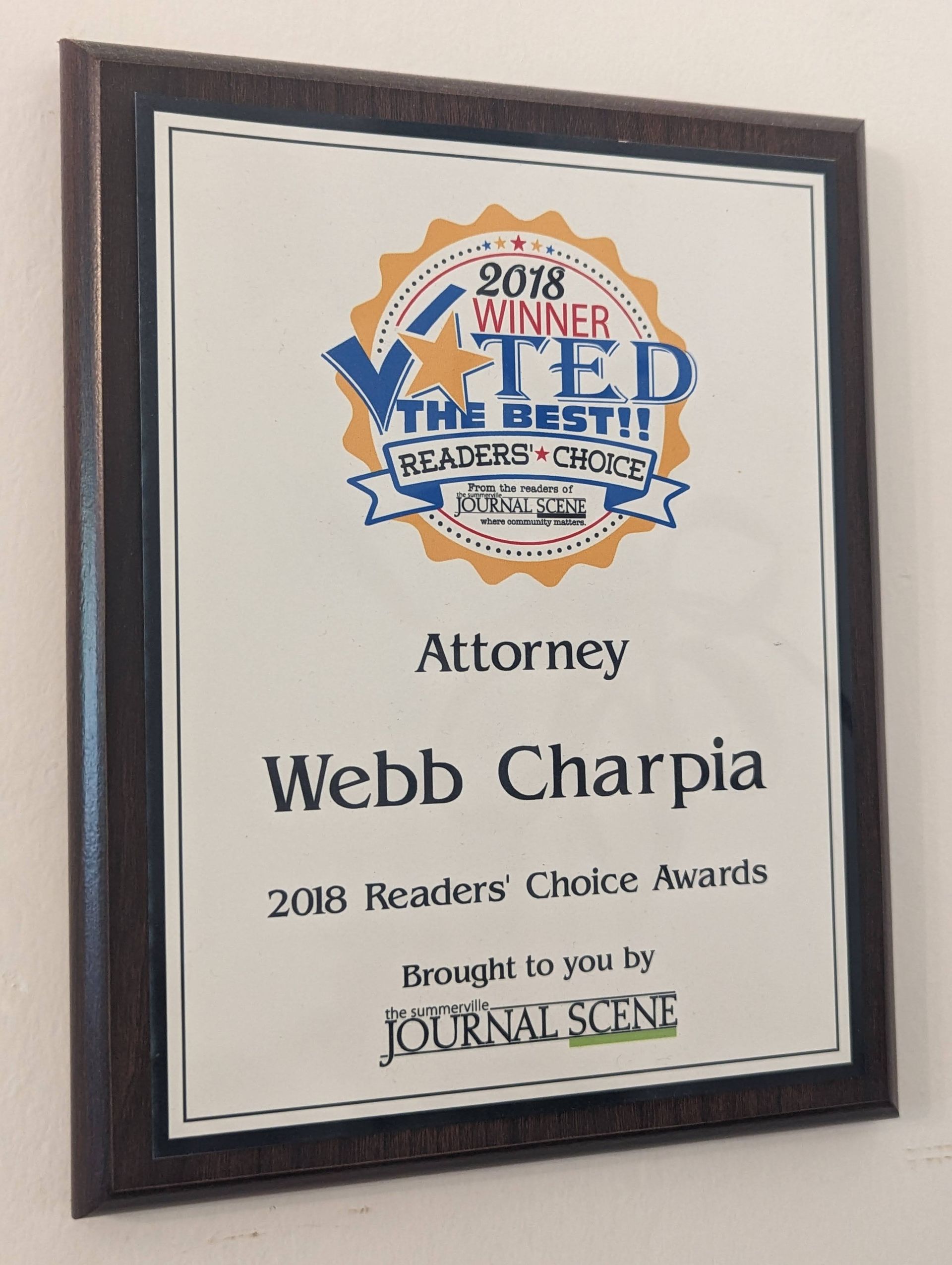 2018 Readers Choice Award – Summerville, SC – Charpia & Hammes, Attorneys at Law