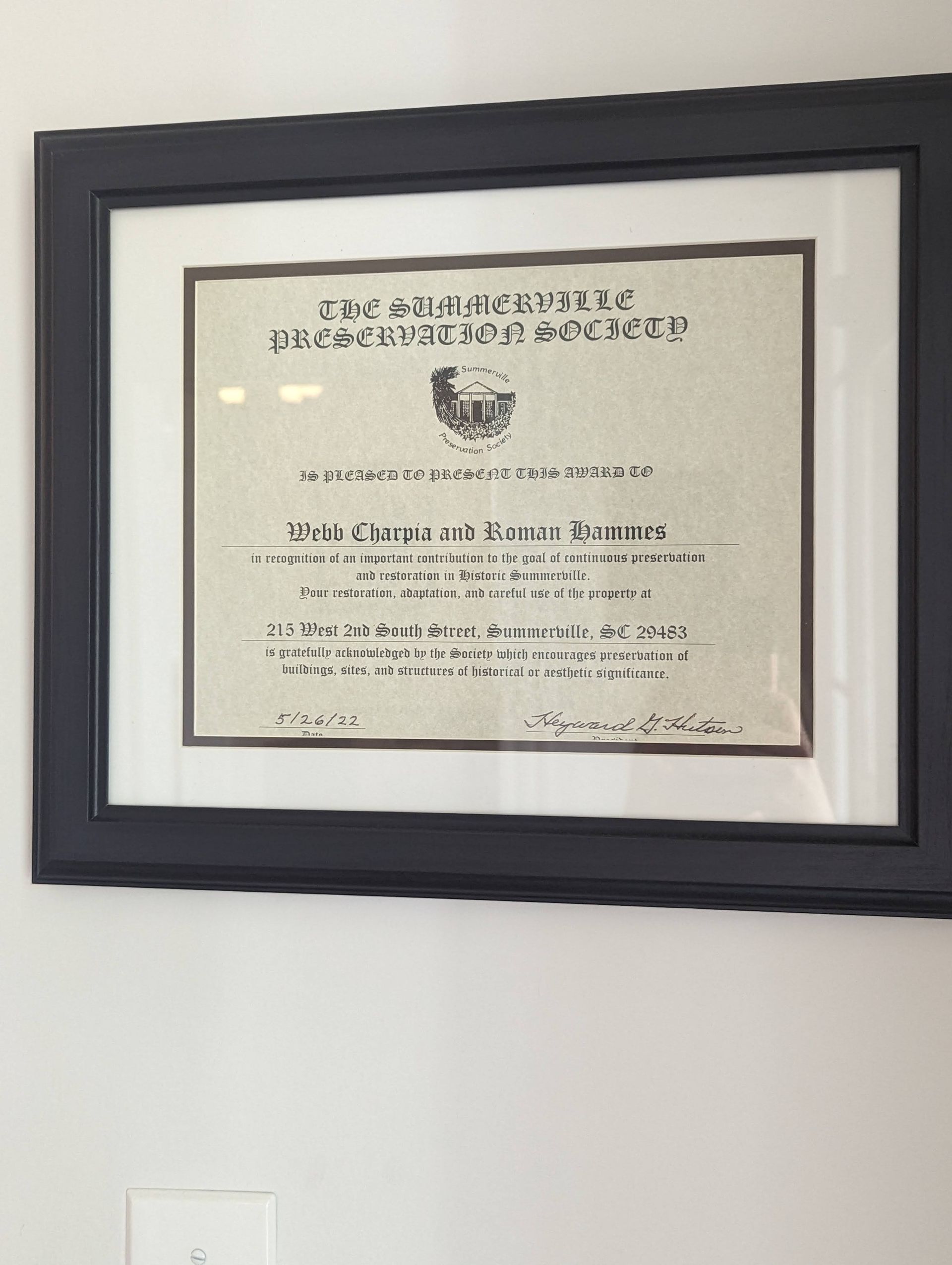 The Summerville Preservation Society Certificate – Summerville, SC – Charpia & Hammes, Attorneys at Law