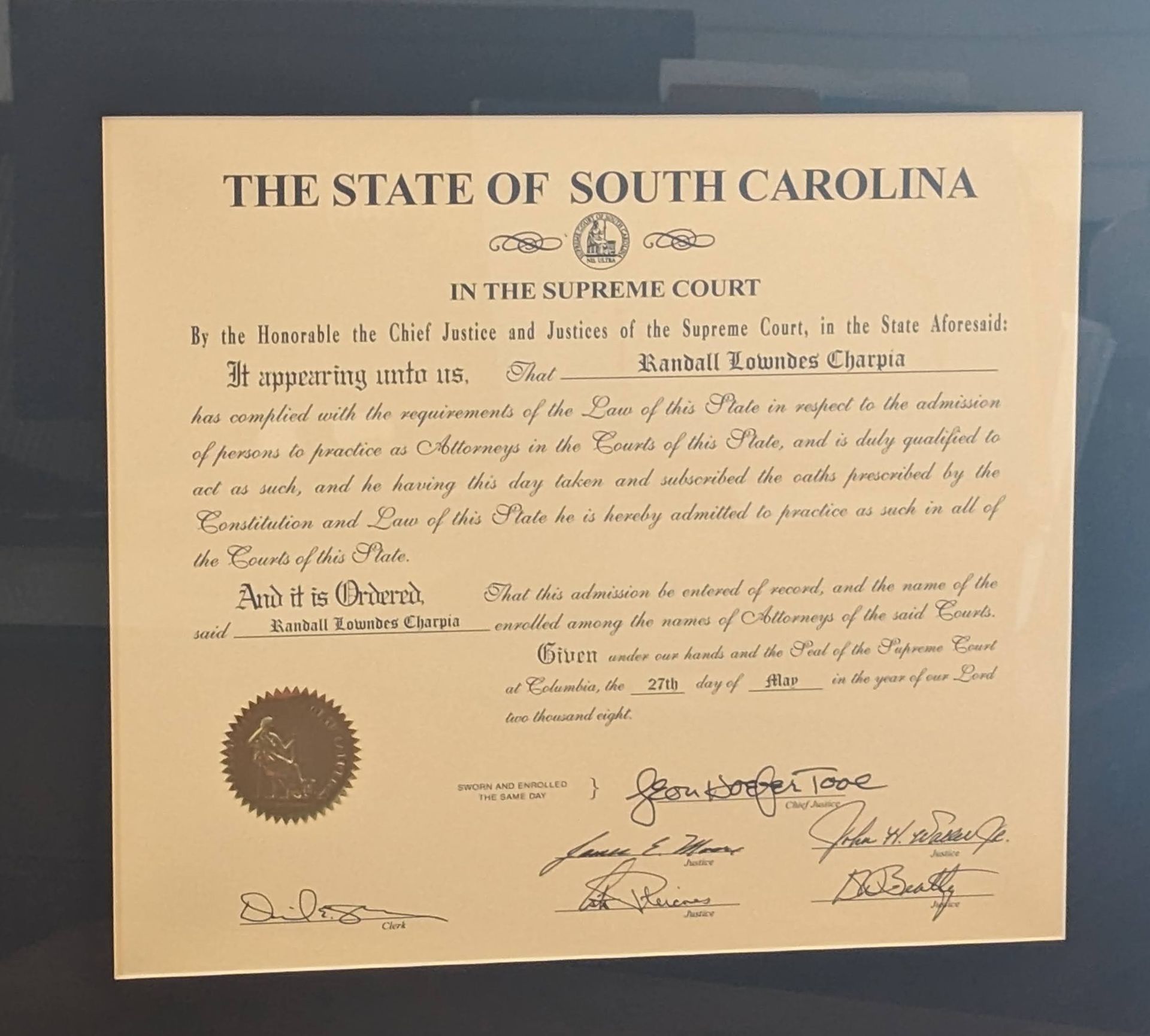 The State Of South Carolina Certificate – Summerville, SC – Charpia & Hammes, Attorneys at Law