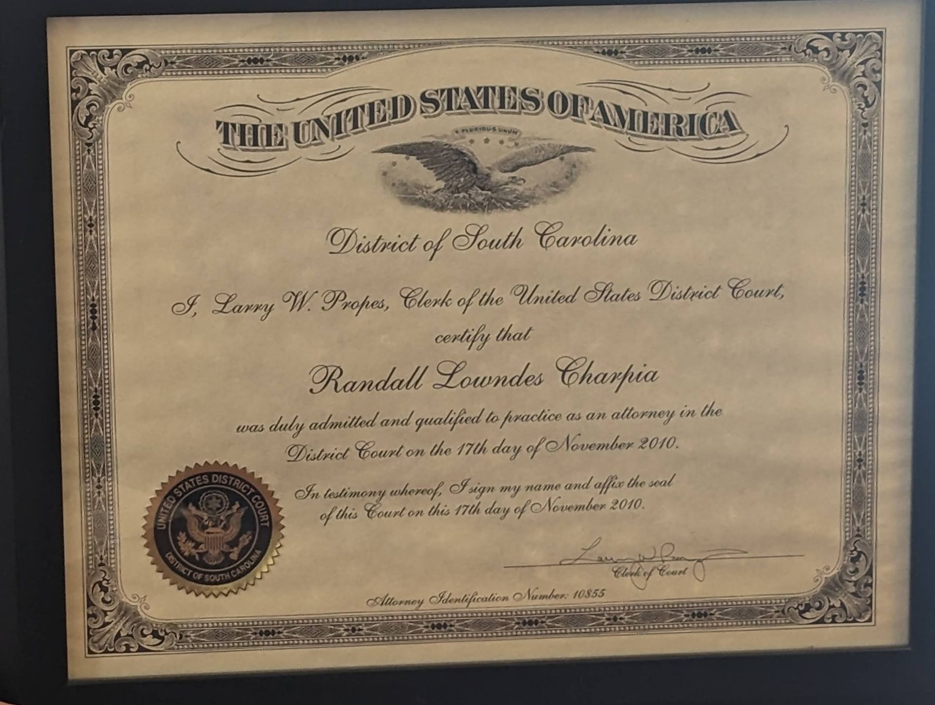 United States District Court Certificate – Summerville, SC – Charpia & Hammes, Attorneys at Law