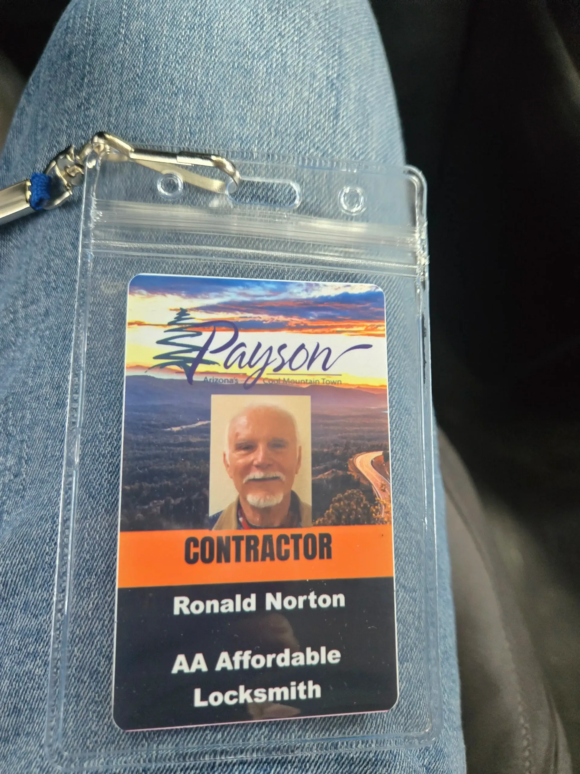 Contractor ID badge for Ronald Norton, AA Affordable Locksmith, with photo and Payson logo.