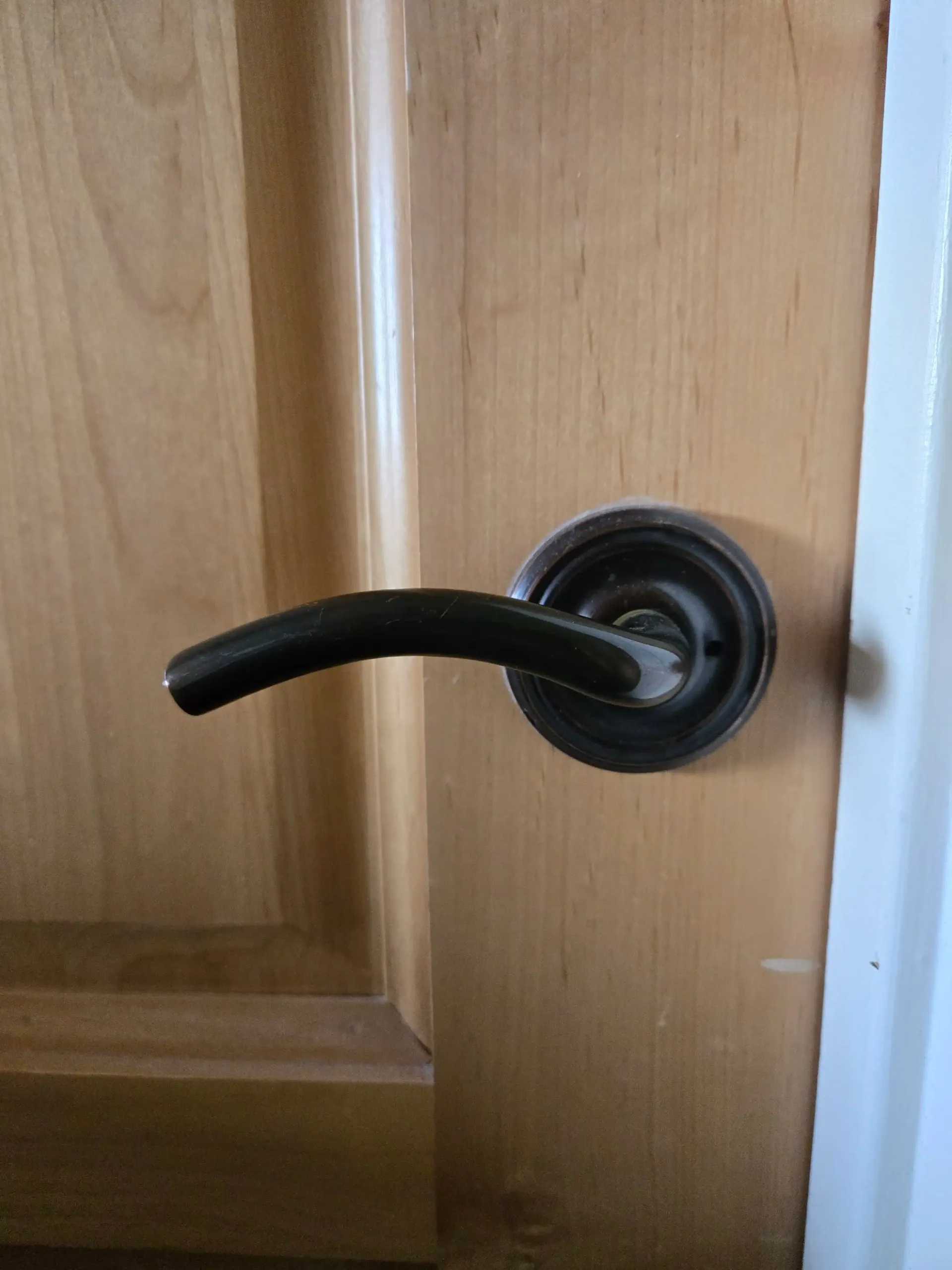 Black door lever handle on a wooden door