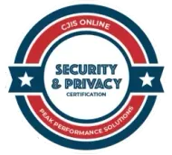 CJIS Online security and privacy certification badge in red, white, and blue with stars and text.