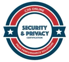 CJIS Online Security & Privacy Certification badge in red, blue, and white with stars