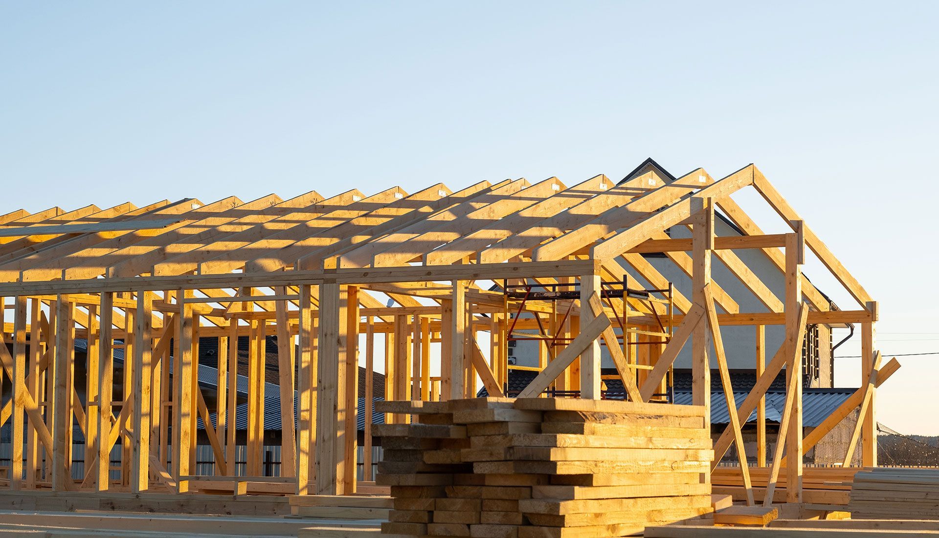 A house is being built with a lot of wood.