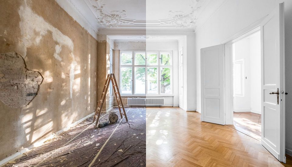 A before and after photo of a room being remodeled.