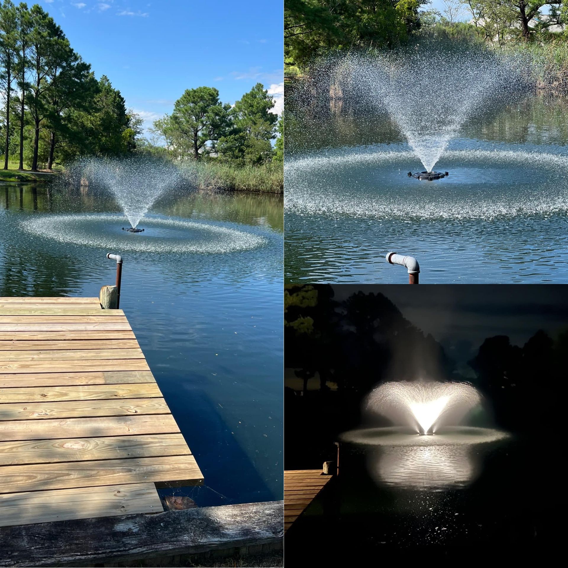 Fountain sprays water in a pond, visible from a wooden dock, with trees in the background; day and night views.
