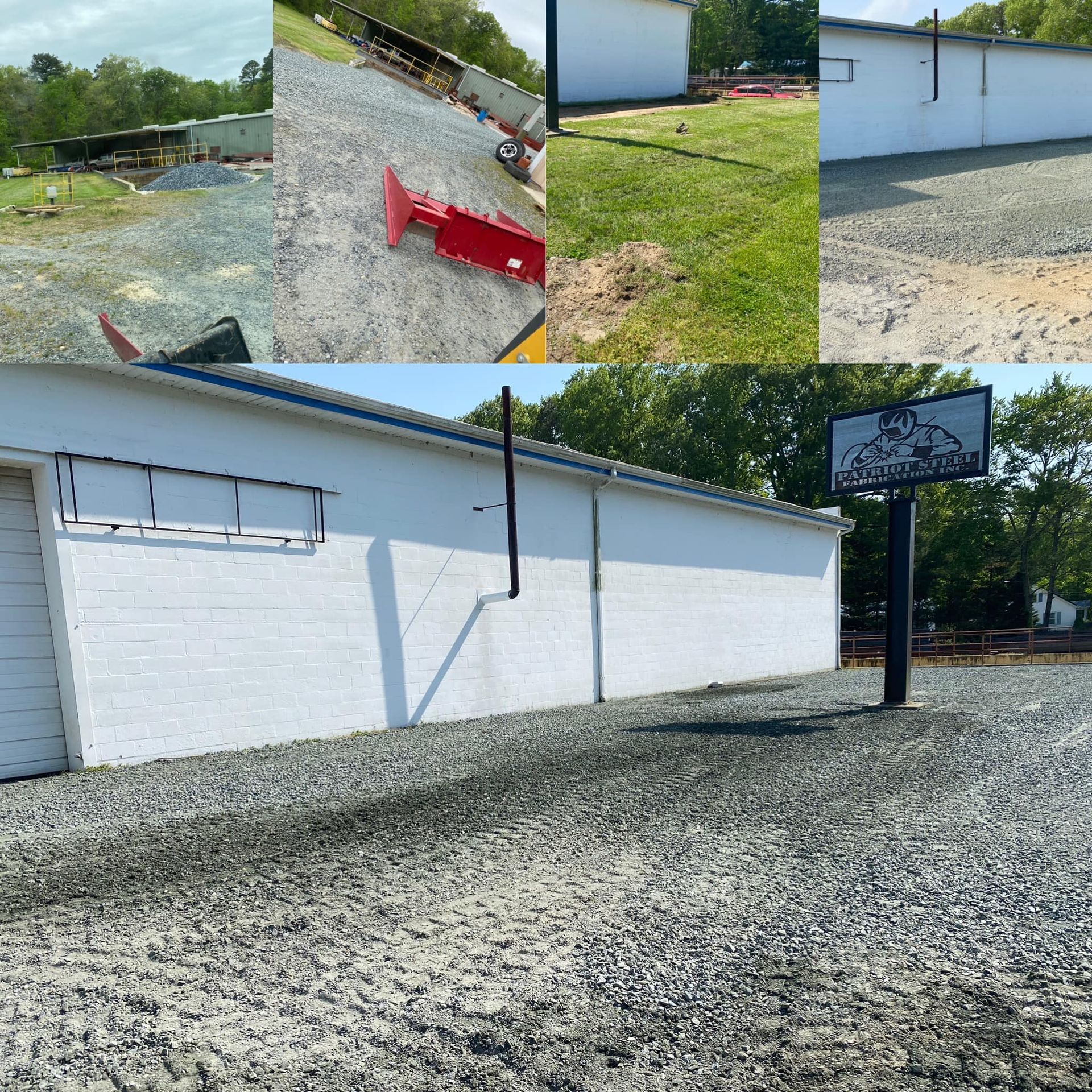 White building with sign, and gravel ground. Various views of exterior, work in progress.