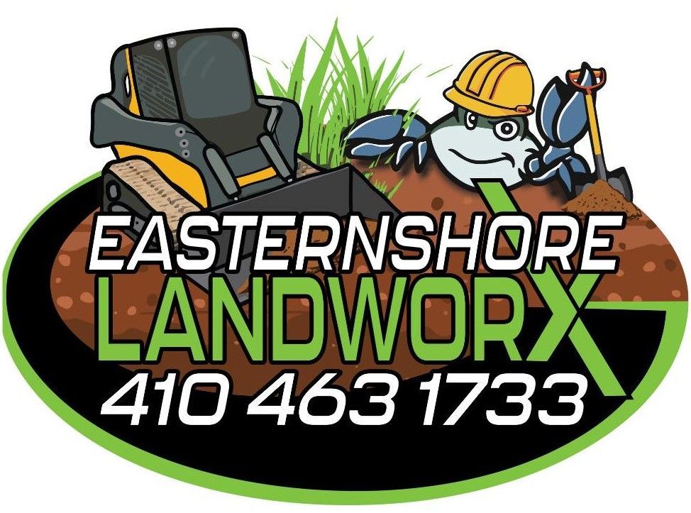 Logo for Easternshore Landworx: a crab in a hardhat, a skid steer, and a phone number.