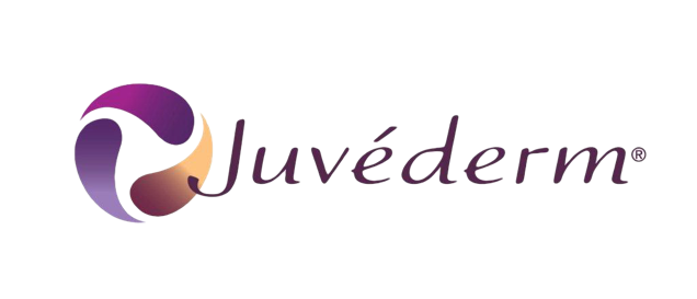 The logo for juvederm is purple and has a purple circle in the middle.