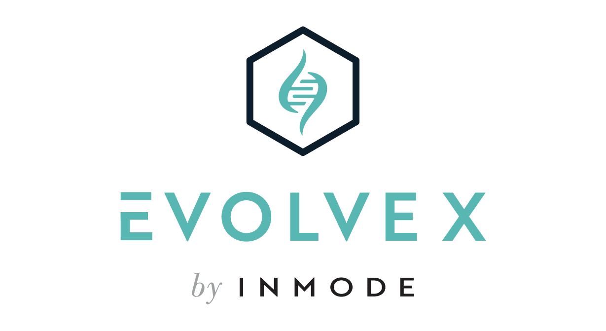 The logo for evolve x by inmode has a dna molecule in a hexagon.