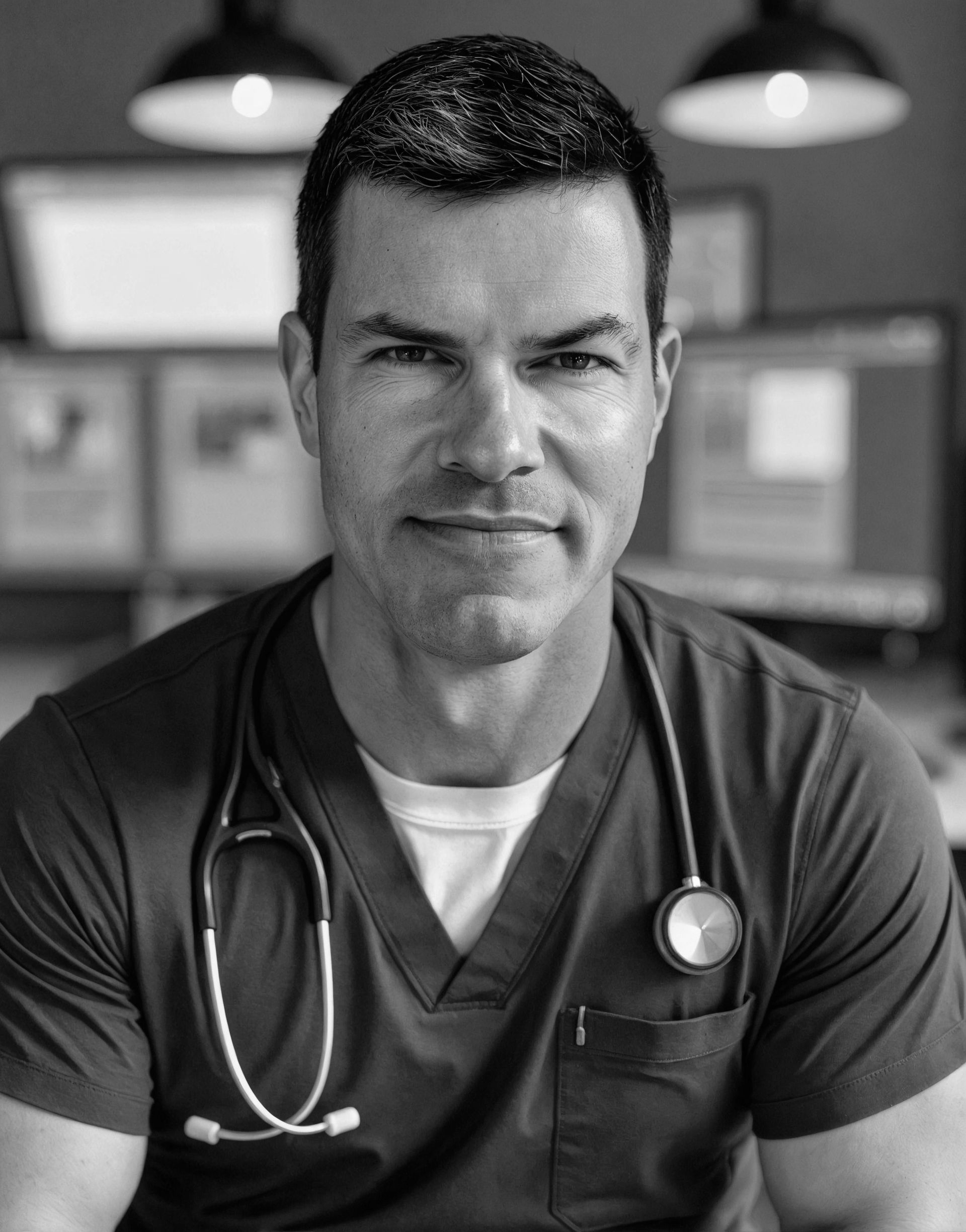 A man wearing scrubs and a stethoscope around his neck