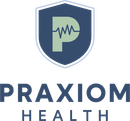 The logo for praxiom health is a shield with a letter p on it.