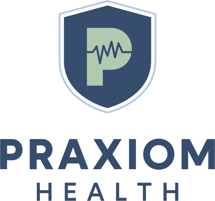 The logo for praxiom health is a shield with a letter p on it.
