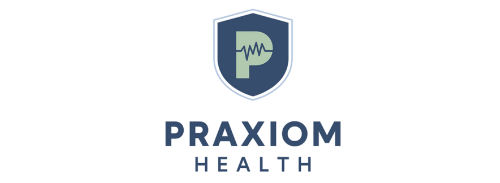 The logo for praxiom health is a shield with a p on it.