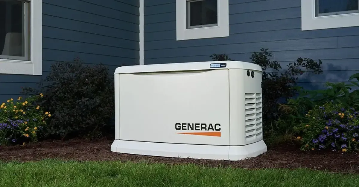 Home standby generator installed outside a South Carolina house for hurricane storm backup power.