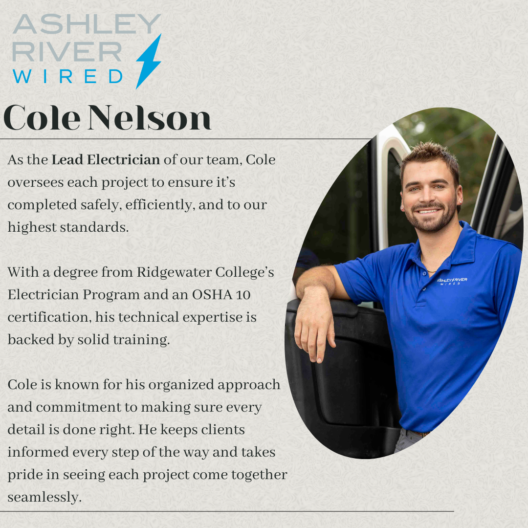 Cole Nelson, Lead Electrician at Ashley River Wired, smiling at the camera wearing a blue shirt