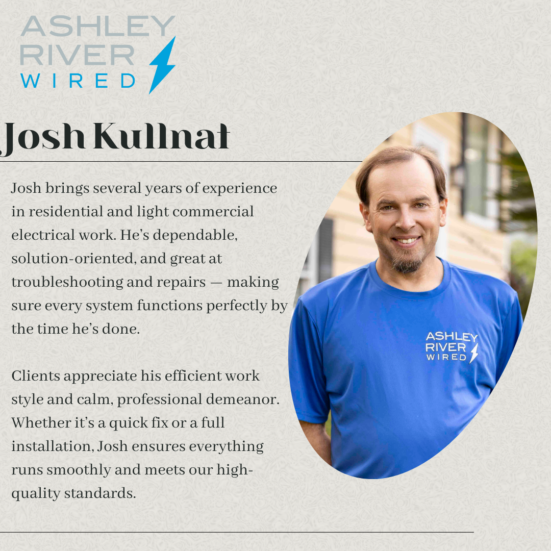 Josh Kullnat smiling at the camera wearing a blue shirt, works for Ashley River Wired. Electrical contractor