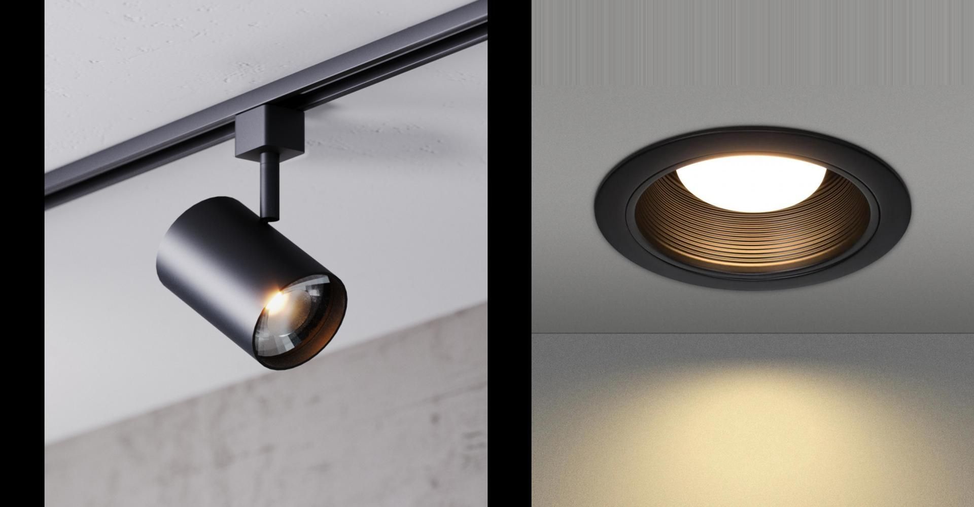 Two black ceiling lights: track lighting and recessed, illuminating a room.