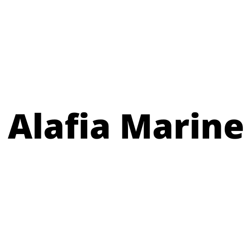A black and white logo for alafia marine on a white background.