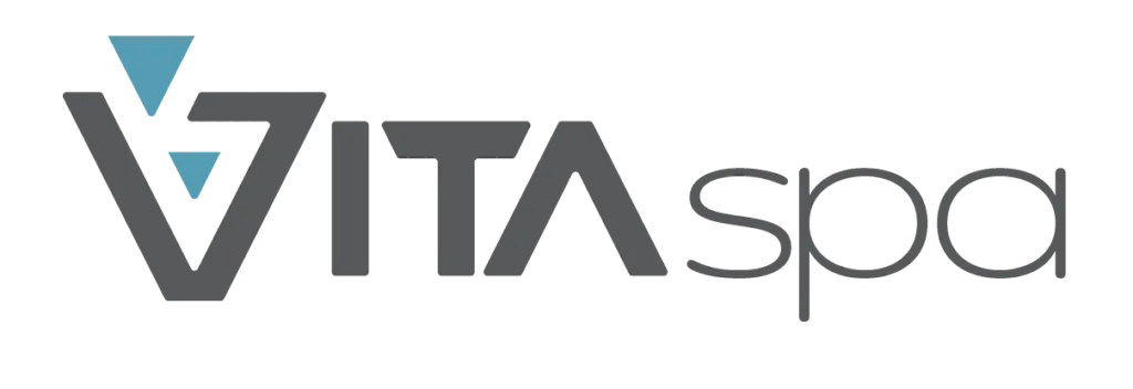 Logo for Vita Spa, with stylized gray text and a teal geometric design.
