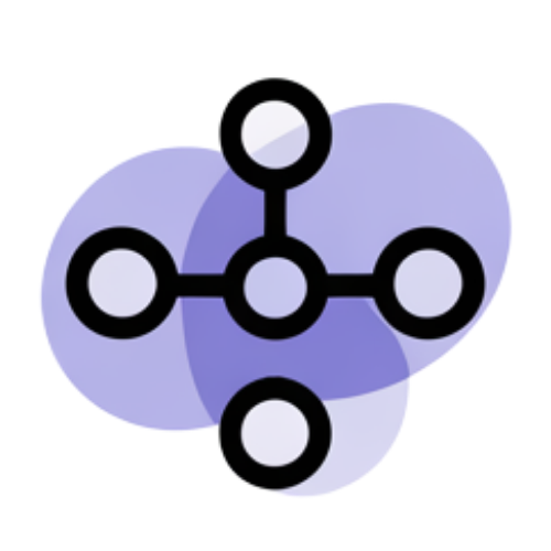 A black and white icon with circles on a purple background.