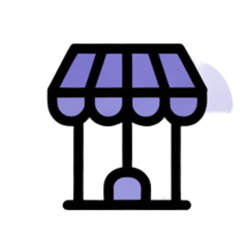 An icon of a store with a purple awning.