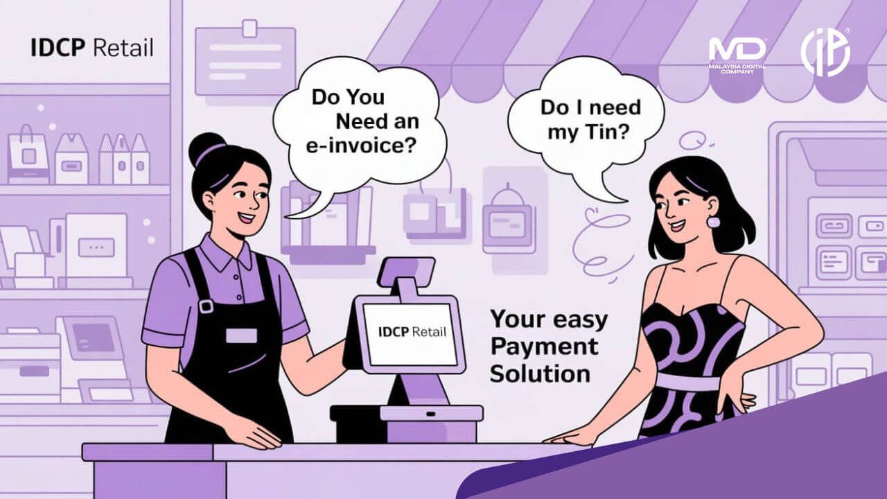 A cashier asks a customer if they need an e-invoice at a retail store at IDCP Retail Shop