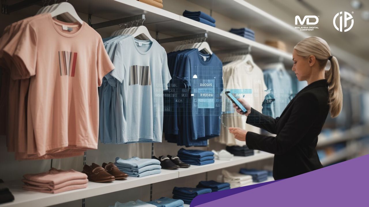 A woman is standing in front of a row of shirts in a clothing store.