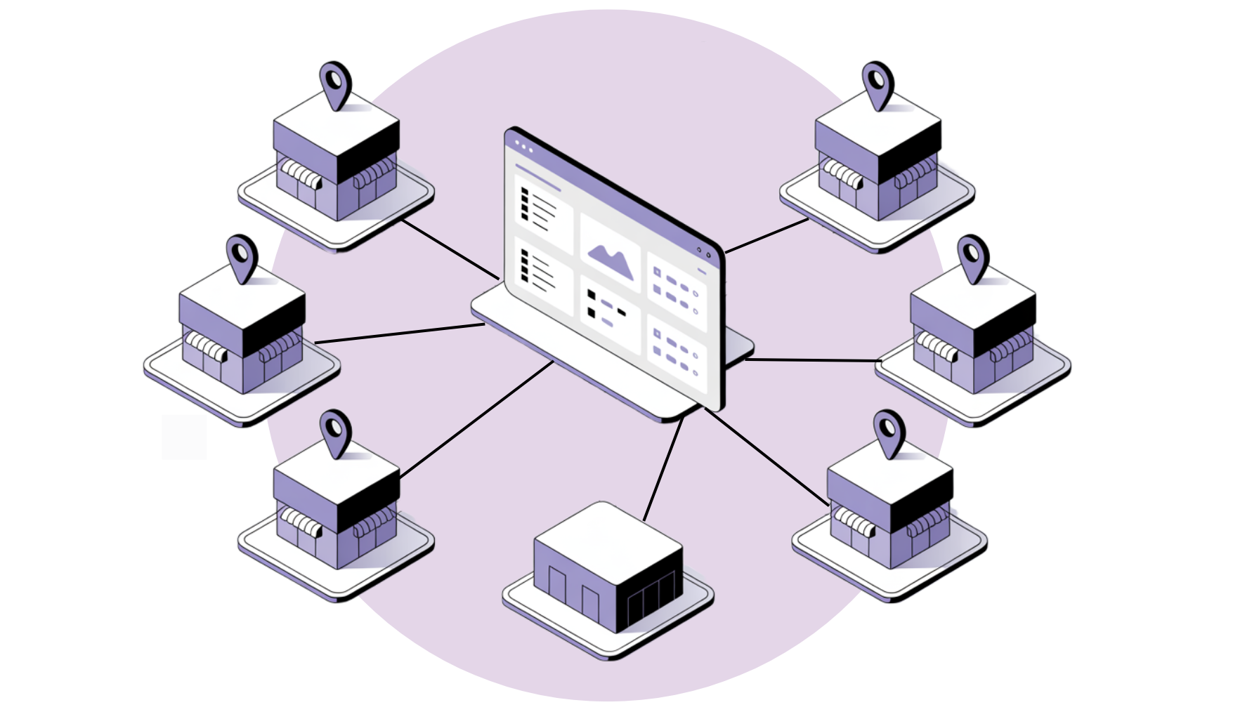 A laptop computer is connected to a network of buildings.