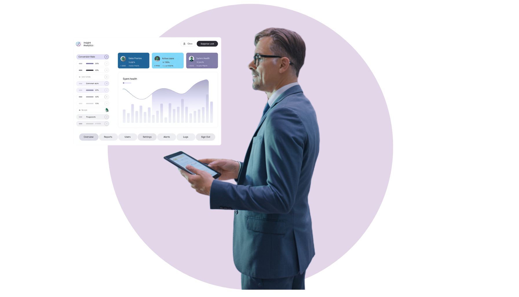 A man in a suit is holding a tablet in front of a screen with a graph on it.