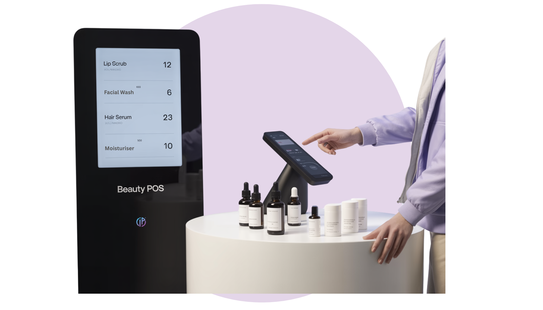 A person is pointing at a screen next to a table with bottles on it.