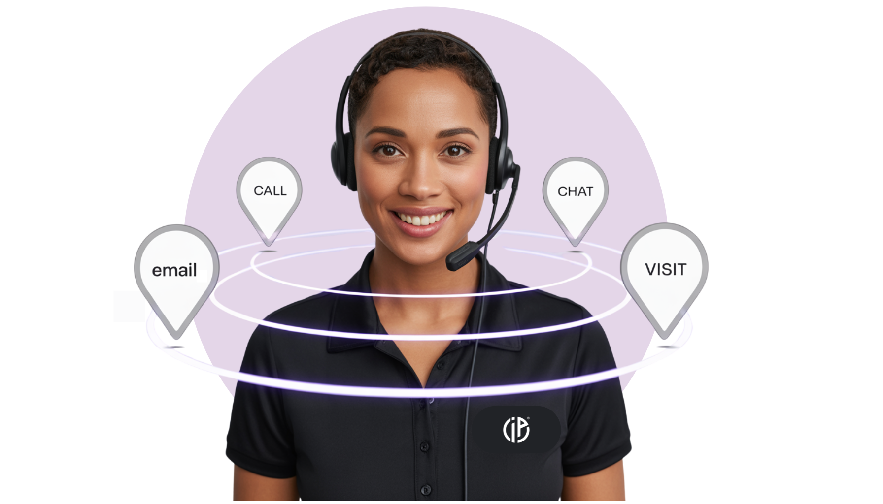 A woman is wearing a headset and smiling.