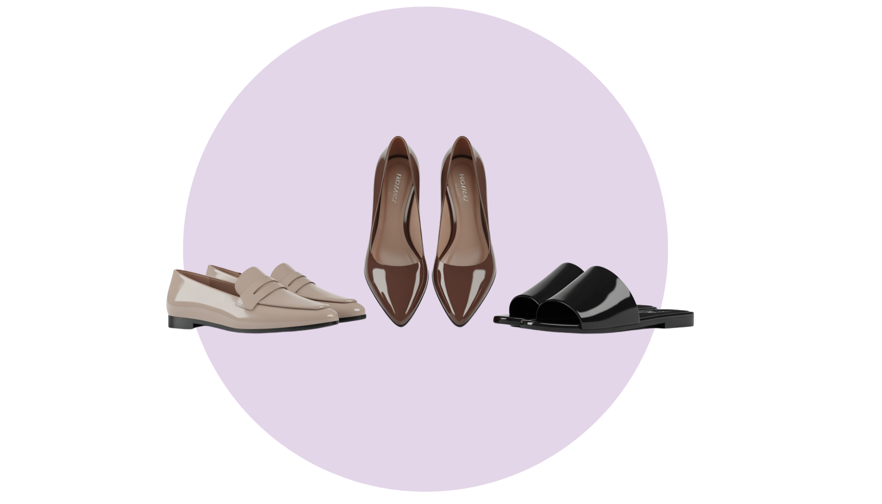 Three different pairs of shoes are sitting next to each other on a purple background.