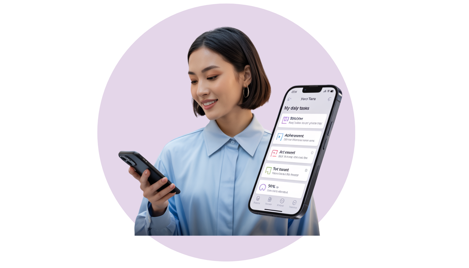 A woman is holding a cell phone and looking at it.