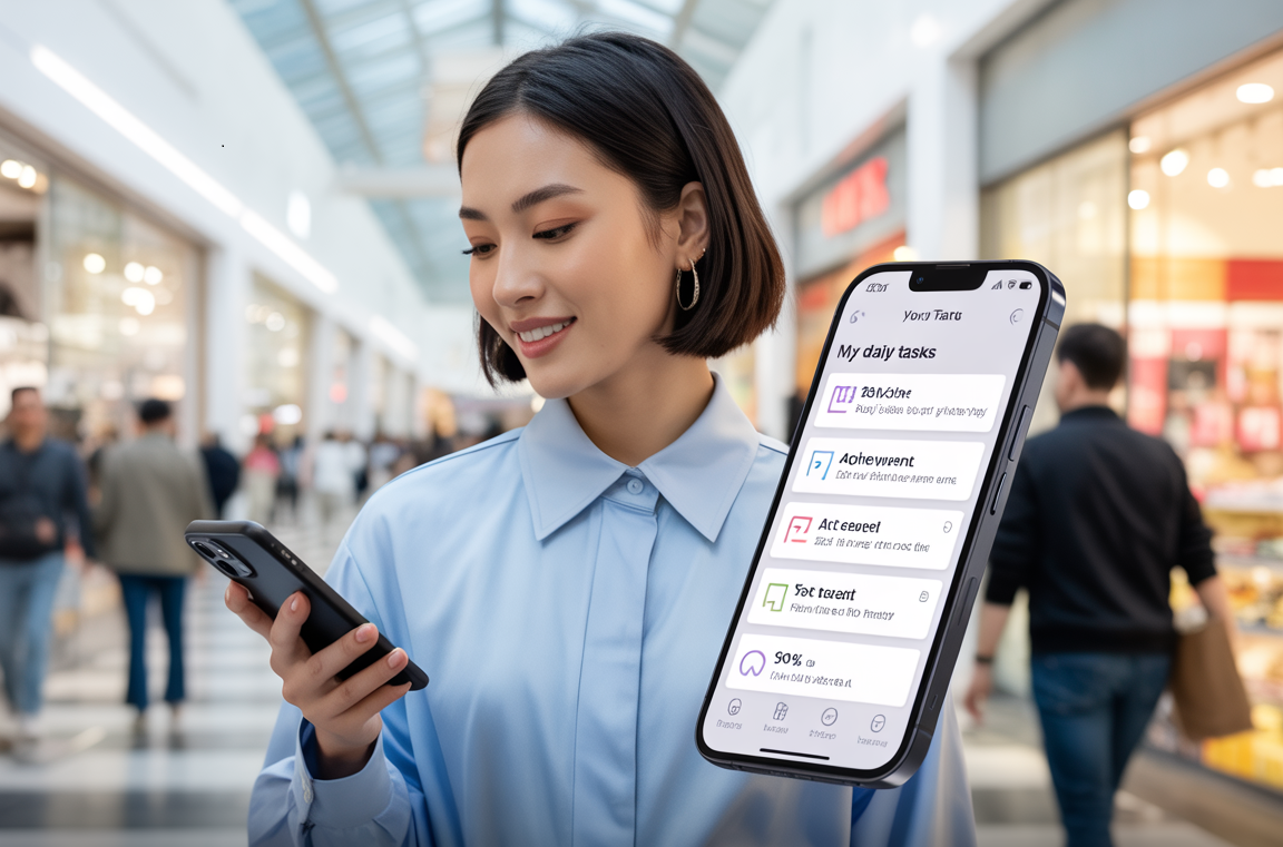 A woman is holding a cell phone in a shopping mall.