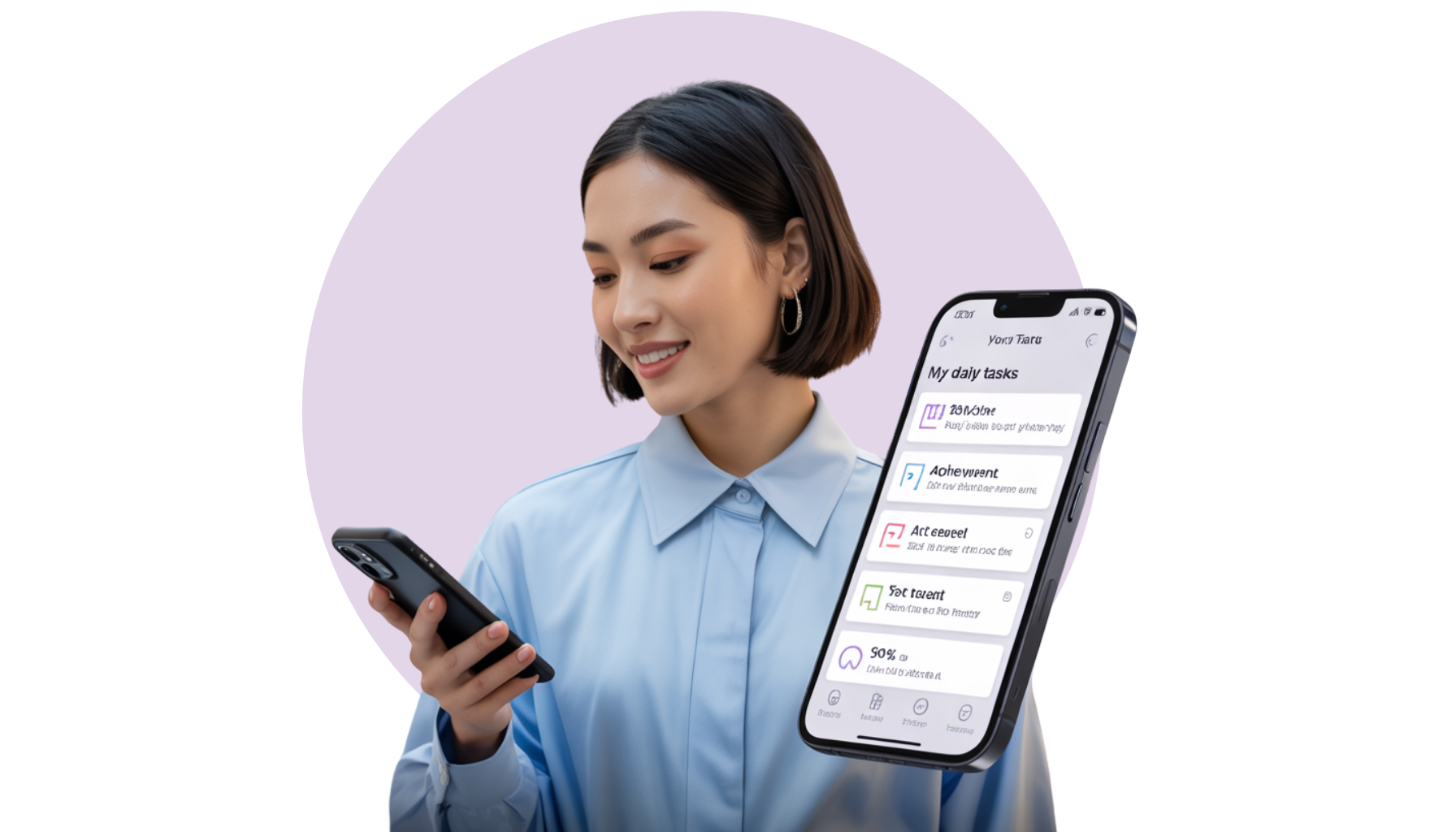 A woman is holding a cell phone and looking at it.