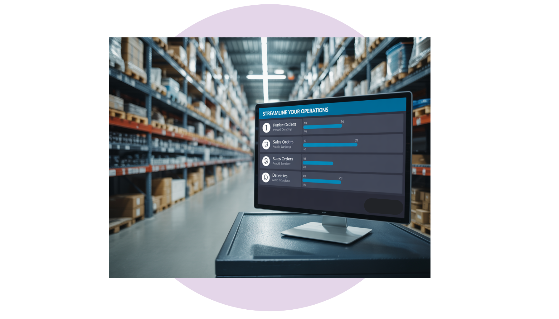 A computer monitor is sitting on a desk in a warehouse.