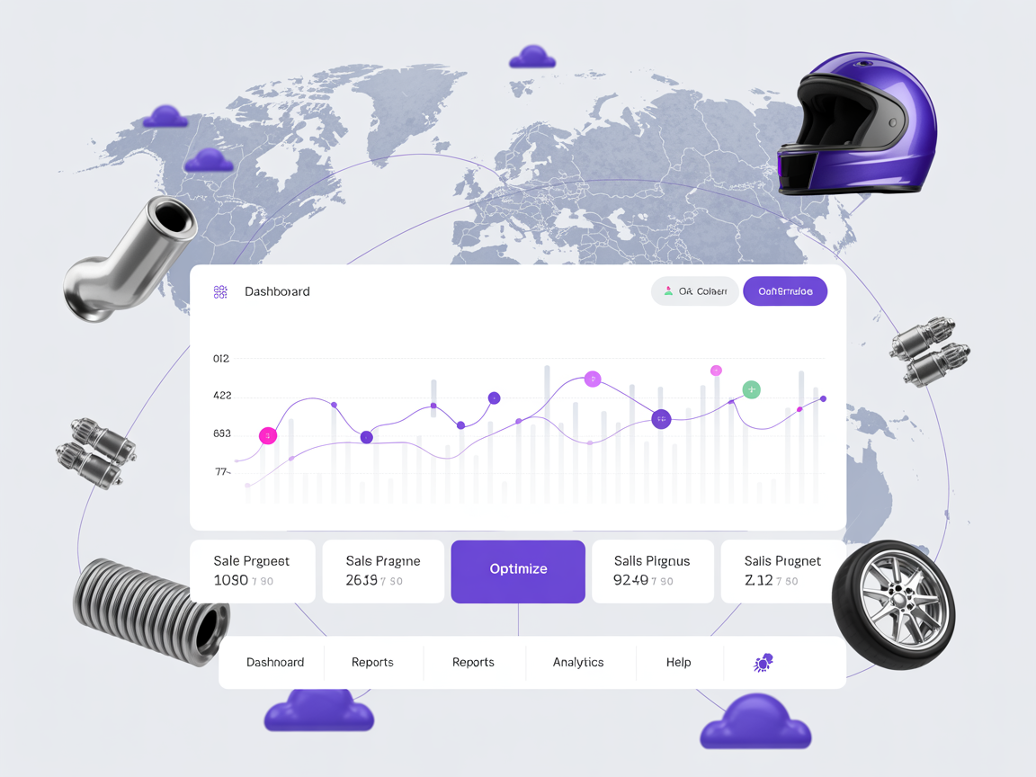 A motorcycle parts website with a helmet , wheels , tires , and a map of the world.