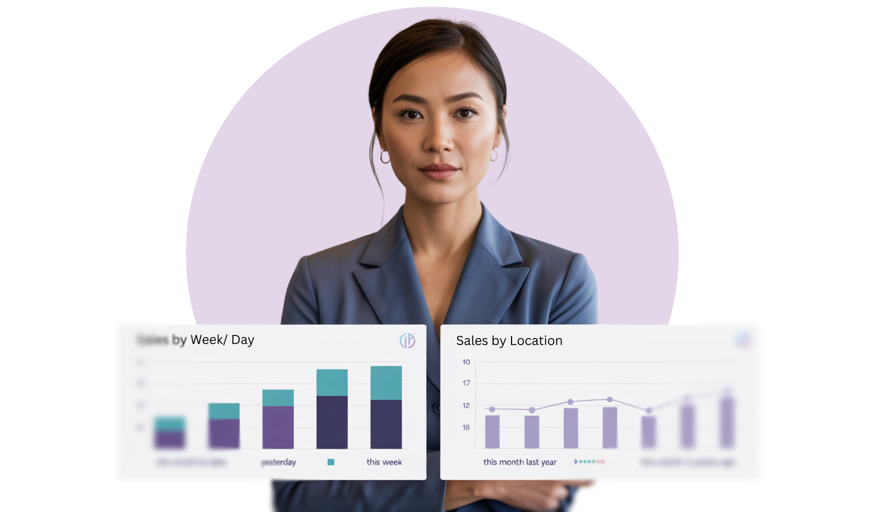 A woman in a suit is holding two graphs in her hands.