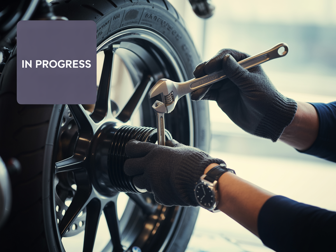 A person is working on a motorcycle wheel with a sign that says in progress