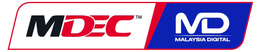 A red and blue logo for mdec malaysia digital