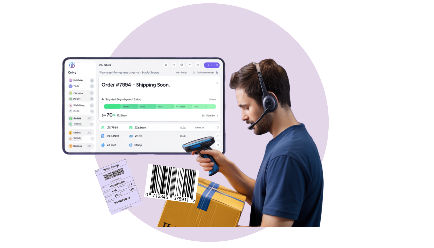 A man wearing headphones is using a barcode scanner to scan a box.