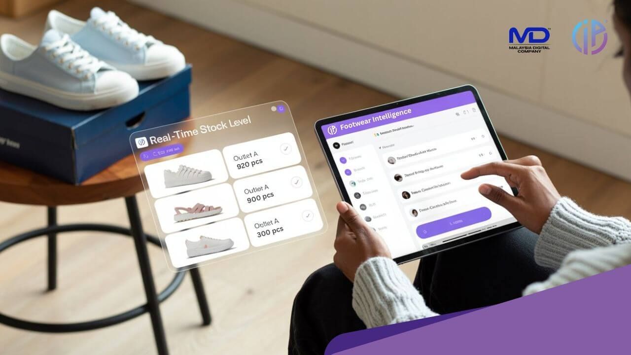A person using a tablet, checking the shoes size inventory balance status