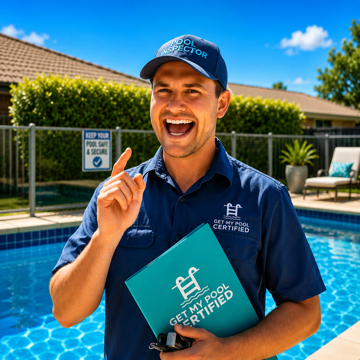 Pool Technician in Blue Uniform Holding a Certification — Get My Pool Certified in Burleigh Waters, QLD