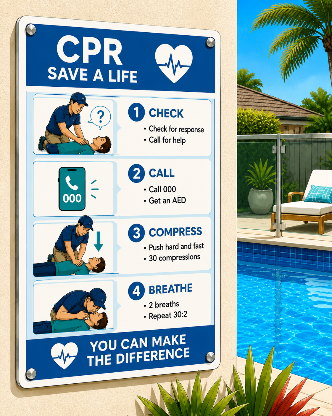 CPR Save-a-life Poster With Steps for Checking — Get My Pool Certified in Burleigh Waters, QLD