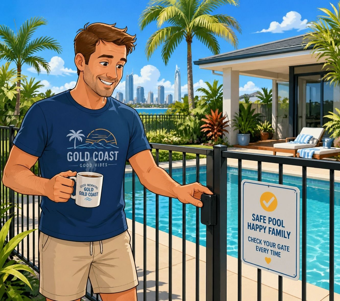 Man Smiling by a Pool With a Mug — Get My Pool Certified in Burleigh Waters, QLD