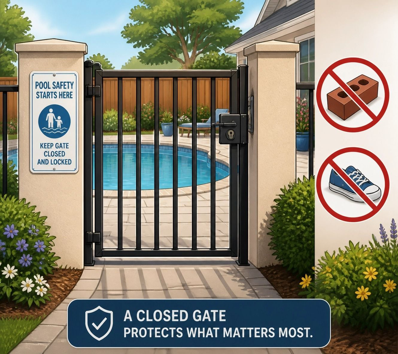 Pool Gate by a Backyard Pool With Safety Signs — Get My Pool Certified in Burleigh Waters, QLD
