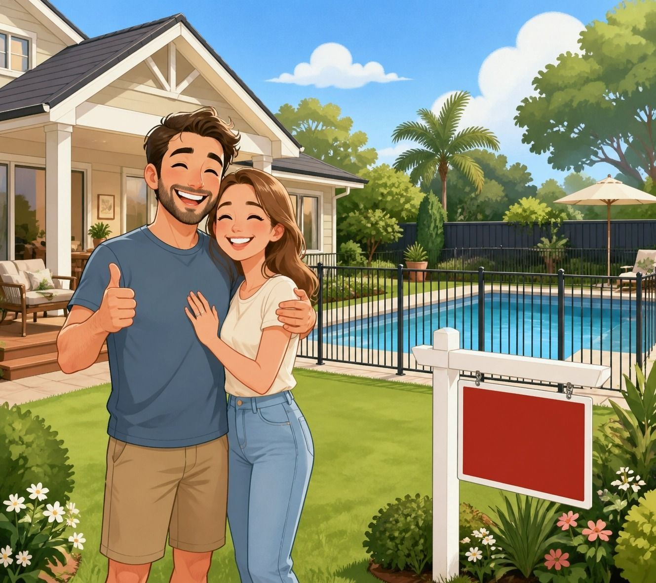 Smiling Couple Standing in Front of a House and Backyard Pool — Get My Pool Certified in Burleigh Waters, QLD